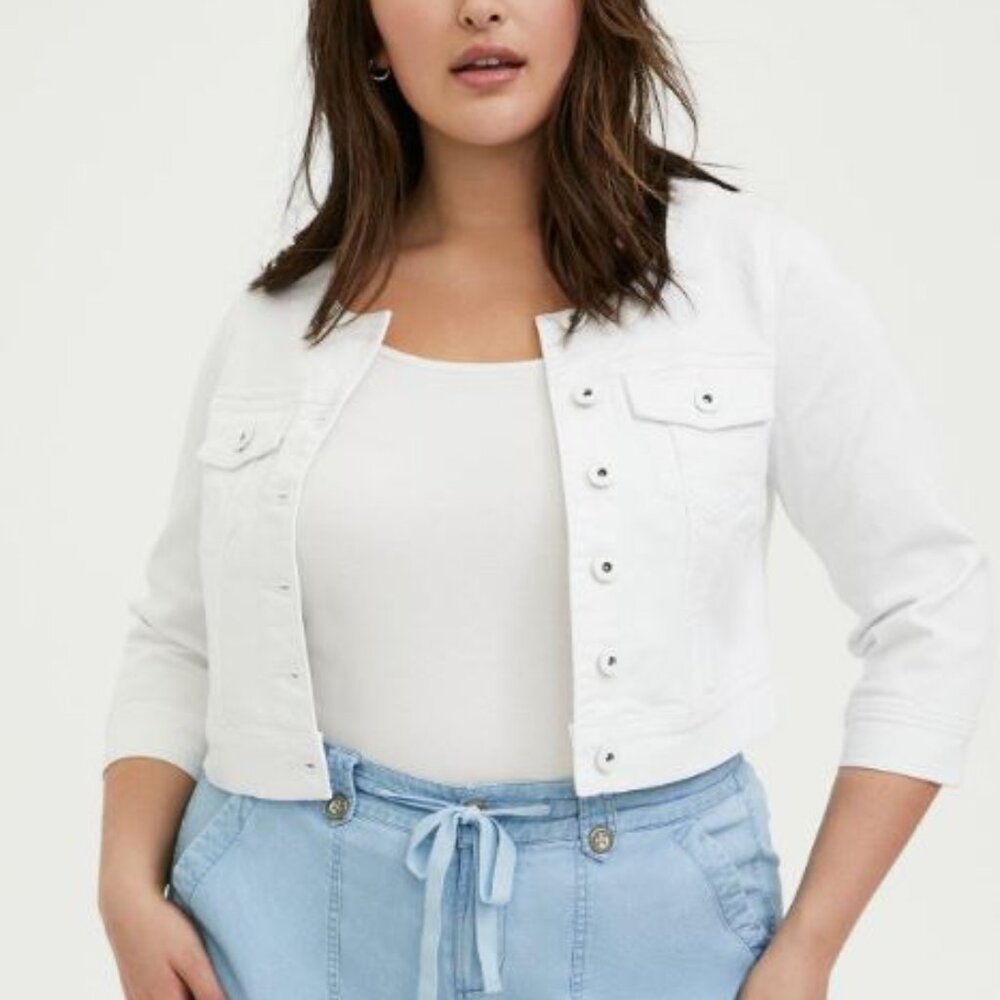 Torrid White Denim Crop Collarless Jacket